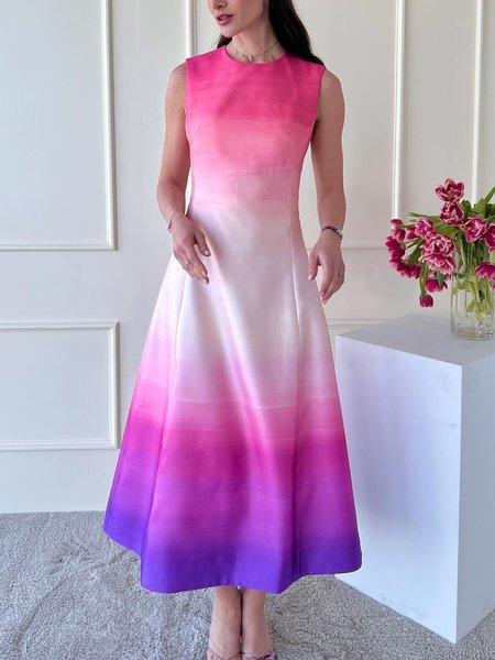 

Ombre Regular Fit Crew Neck Elegant Midi Dress, As picture, Midi Dresses