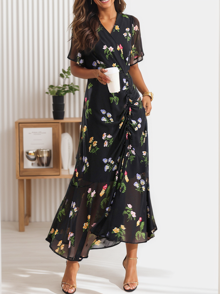 

Women's Short Sleeve Summer Floral Dress Chiffon V Neck Elegant Flowy Maxi Dress, Black, Dresses
