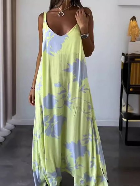 

Women Floral Crew Neck Sleeveless Comfy Casual Maxi Dress, Yellow, Dresses