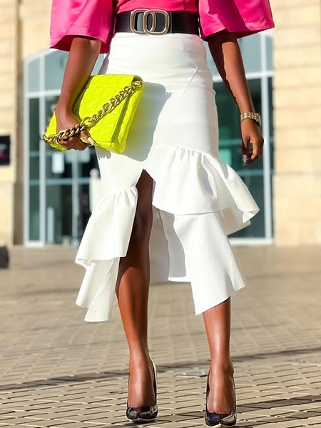 

Tight Medium Elasticity Elegant Plain Midi Skirt, White, Skirts