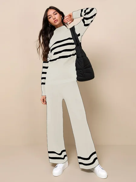 

Women's Striped Daily Going Out Two Piece Set Long Sleeve Casual Spring/Fall Top With Pants Matching Set, Off white, Suit Set