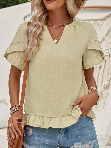 

Notched Short Sleeve Plain Regular Loose Shirt For Women, Khaki, Blouses