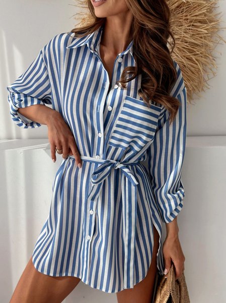 

Women Striped Shirt Collar Long Sleeve Comfy Casual Short Dress, Blue, Dresses