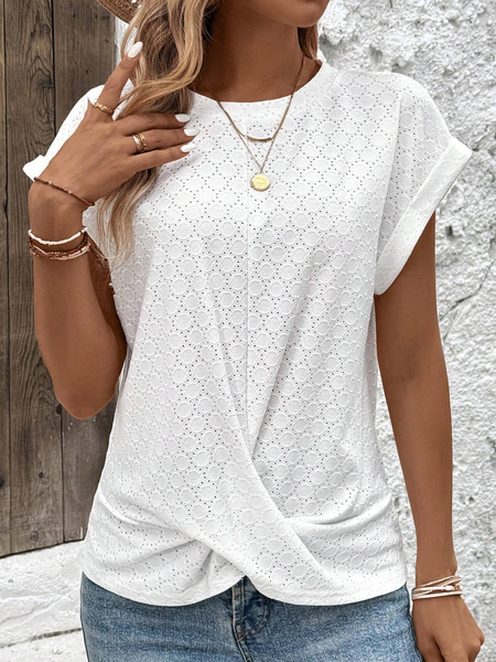 

Women's Short Sleeve Shirt Summer White Plain Knot Front Cotton-Blend Crew Neck Daily Going Out Casual Top, Tees & T-shirts