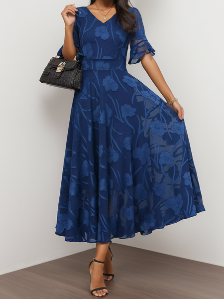 

Women's Short Sleeve Summer Floral Dress V Neck Bell Sleeve Elegant Wedding Guest Blue Flowy Maxi Dress, Dark blue, Dresses