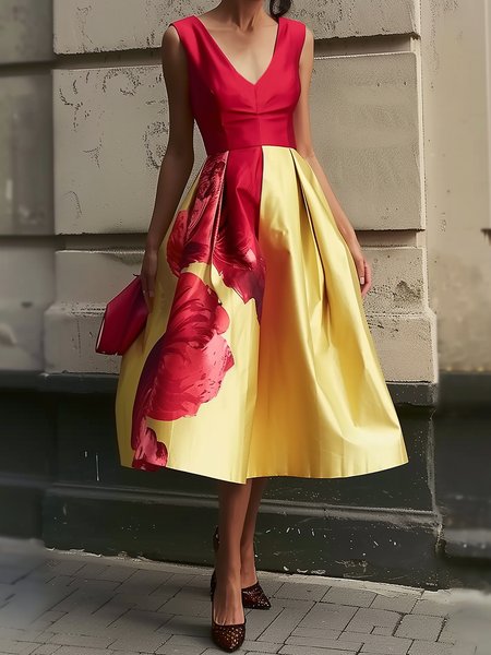 

Floral Regular Fit Elegant V Neck Midi Dress, As picture, Midi Dresses
