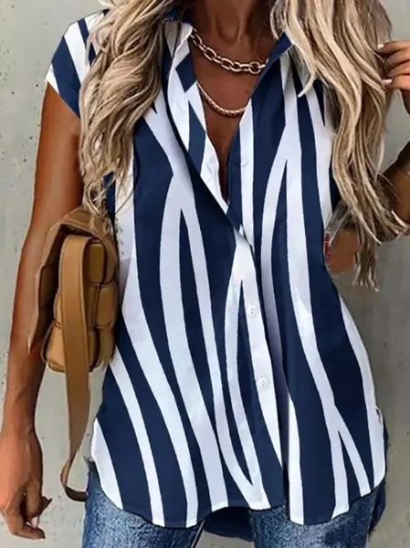 

Shirt Collar Short Sleeve Striped Regular Loose Blouse For Women, Blue, Shirts