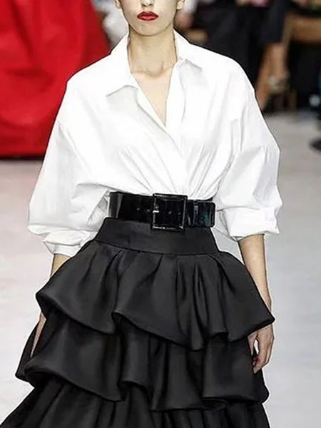 

Urban Loose Shirt Collar Plain Blouse, White, Blouses and Shirts