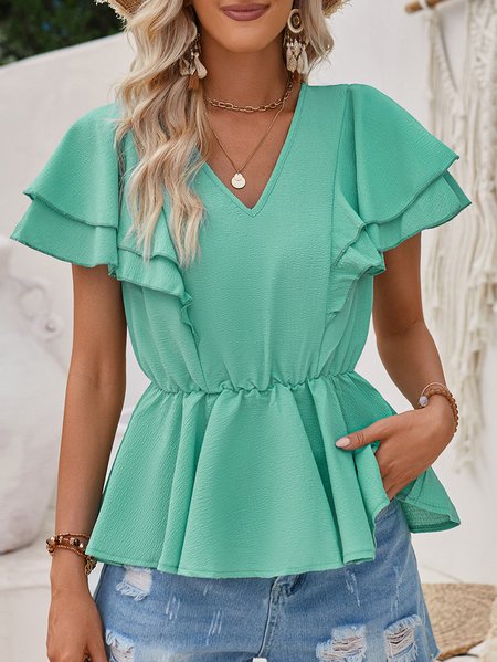 

V Neck Short Sleeve Plain Regular Loose Shirt For Women, Green, Blouses