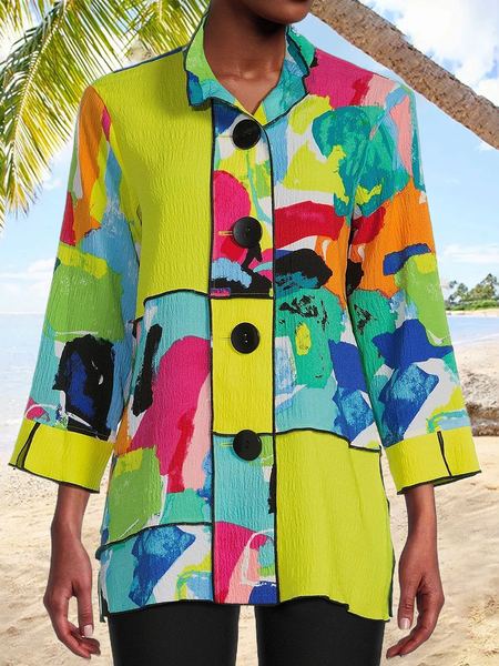

Shirt Collar Long Sleeve Color Block Regular Loose Blouse For Women, Multicolor, Shirts