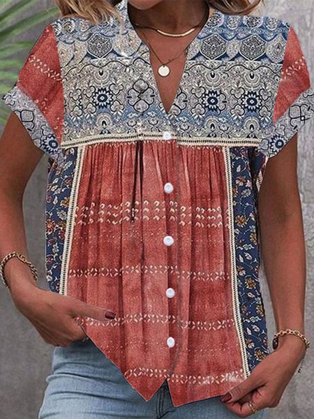 

V Neck Three Quarter Sleeve Floral Regular Loose Blouse For Women, Red, Shirts
