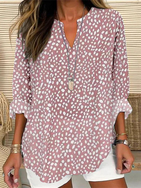 

Notched Long Sleeve Polka Dots Regular Loose Shirt For Women, Pink, Blouses