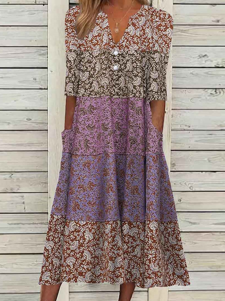 

Women Floral V Neck Half Sleeve Comfy Casual Midi Dress, Multicolor, Dresses