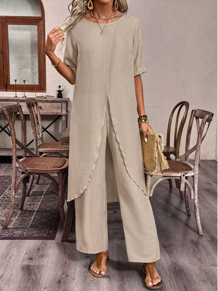 

Women's Plain Daily Going Out Two Piece Set Short Sleeve Casual Summer Top With Pants Matching Set Khaki, Suit Set