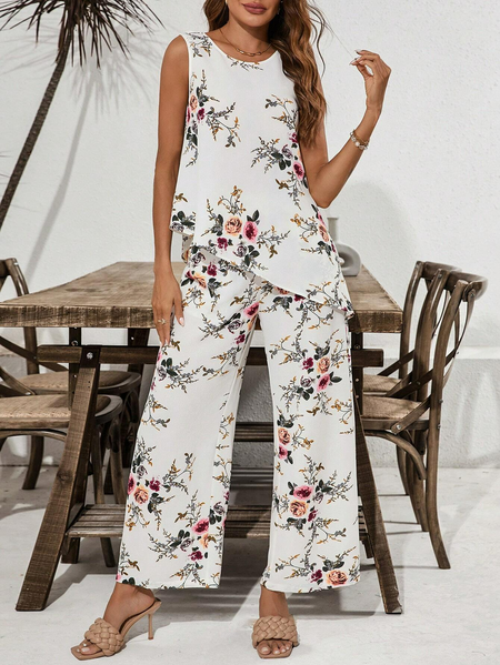 

Simple Loose Floral Crew Neck Two-Piece Set, White, Suit Set