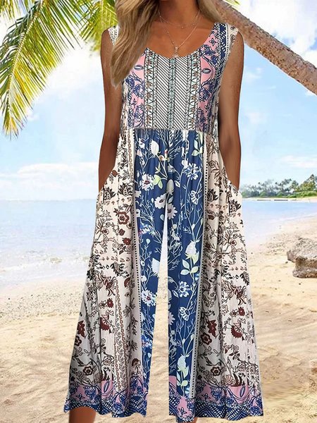 

Women Sleeveless Crew Neck Loose Ankle Pants Pocket Stitching Daily Casual Ethnic Natural Tank Jumpsuit, Multicolor, Jumpsuits&Rompers