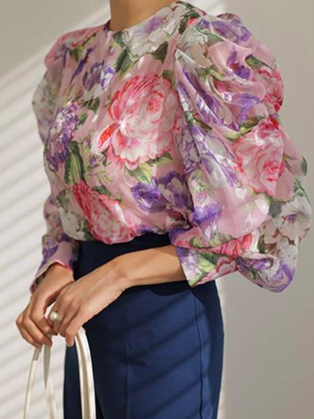 

Regular Fit Elegant Printing Crew Neck Shirt, As picture, Blouses and Shirts