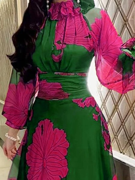 

Elegant Lotus Leaf Collar Ruffle Chiffon Floral Blouse, Green, Blouses and Shirts