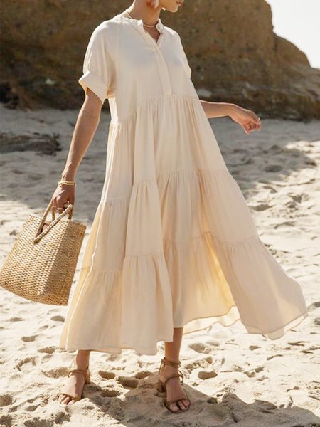 

Loose Regular Shirt Collar Vacation Dress, Apricot, Maxi Dresses