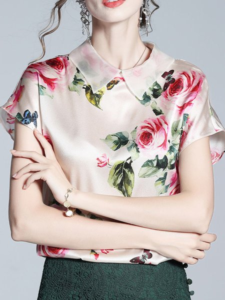 Floral Regular Fit Shawl Collar Elegant Shirt, As picture, Blouses and Shirts