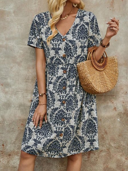 Women Ethnic V Neck Short Sleeve Comfy Casual Midi Dress, Blue, Dresses