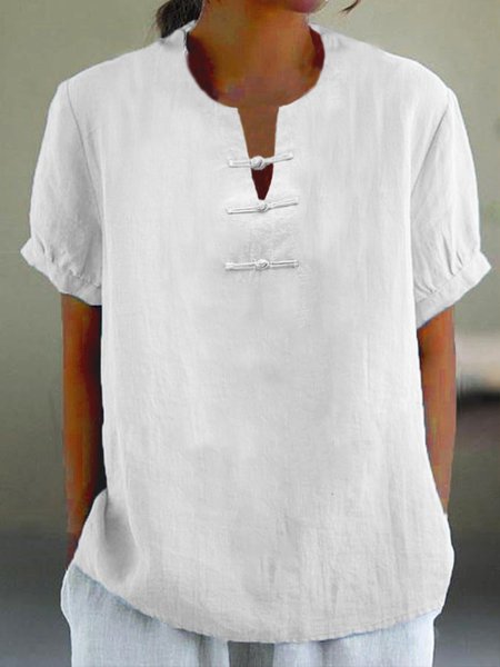 

Notched Casual Cotton Plain Blouse, White, Blouses & Shirts