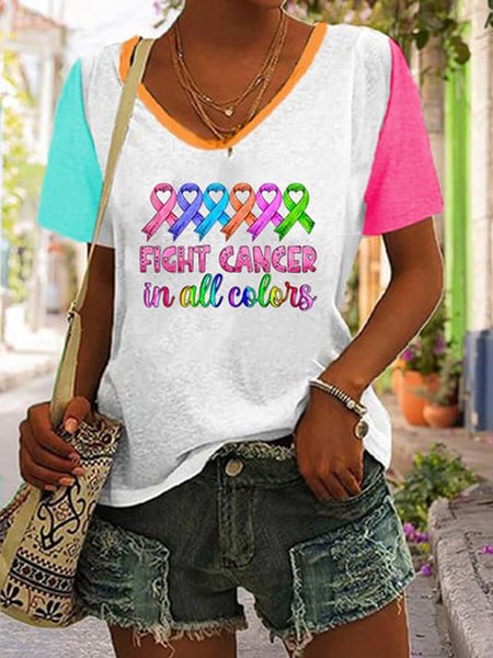 

Casual Color Block V Neck Short Sleeve T-shirt, Blue, T-shirts