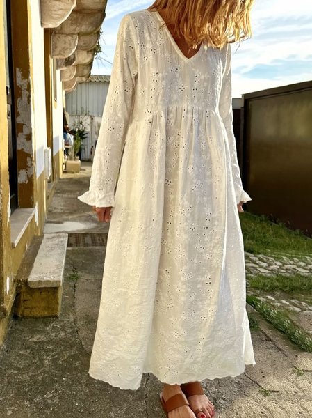 

Women Plain V Neck Long Sleeve Comfy Casual Hollow Out Maxi Dress, White, Dresses