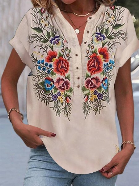 

Women's Short Sleeve Blouse Summer Light Khaki Floral Embroidery Cotton Crew Neck Daily Casual Top, Shirts & Blouses