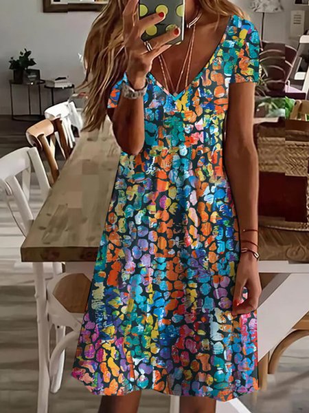 

Women's Short Sleeve Summer Abstract V Neck Daily Going Out Casual Mini H-Line Dress Multicolor, Dresses