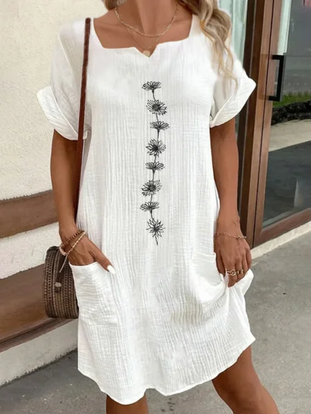 

Women's Short Sleeve Cotton Summer White Floral Notched Daily Casual Knee Length Dress, Midi Dresses