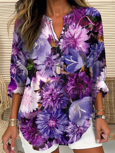 

Notched Long Sleeve Floral Lightweight Loose Shirt For Women, Purple, Blouses