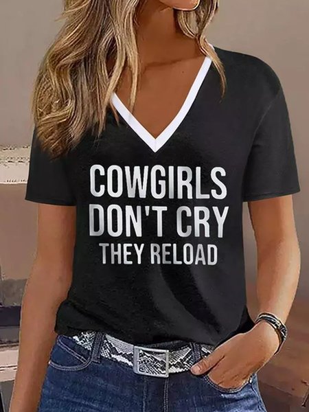 

Casual Text Letters V Neck Short Sleeve T-shirt, Black-white, T-shirts
