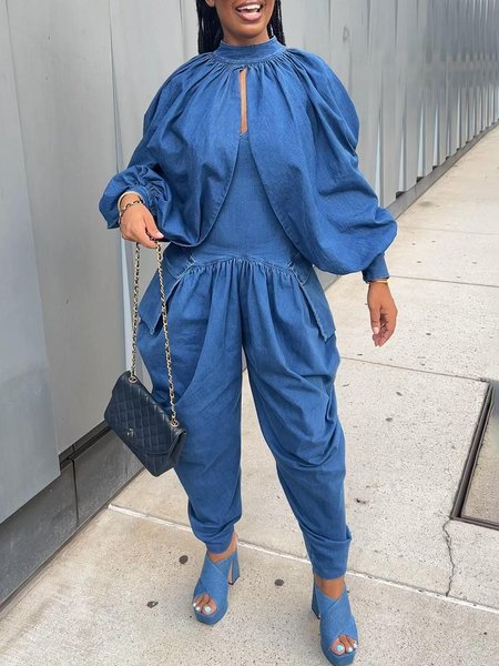 

Casual Regular Fit Denim Bib Pants, Blue, Jumpsuits