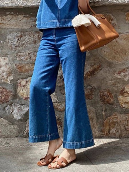 

Plain Denim High Waist Casual Flared Jeans, Blue, Jeans