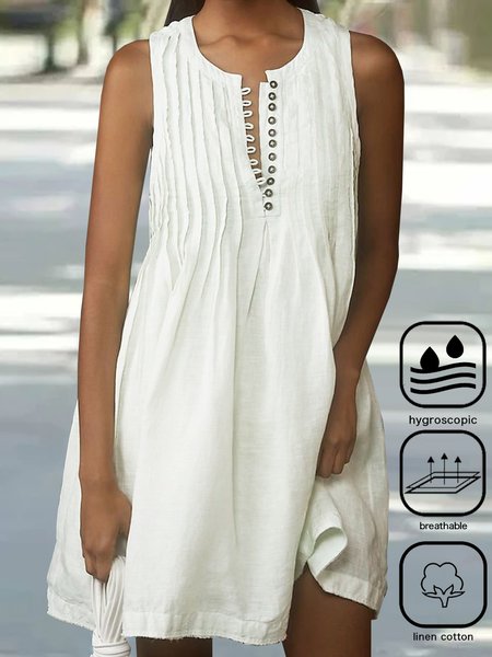 

Plain Buckle Cotton And Linen Casual Dress, White, Mini Dresses