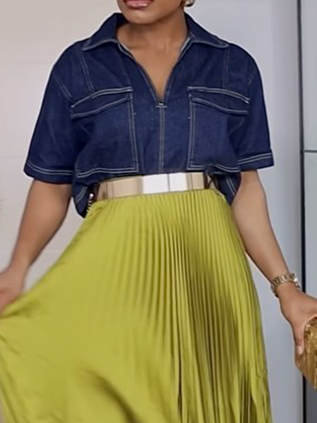 

Loose Plain Urban Shirt Collar Short Sleeve Denim Top, Denim blue, Blouses and Shirts
