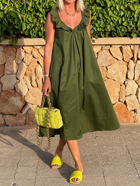 

V Neck Loose Plain Casual Ruffle Sleeveless Dress, Green, Midi Dresses