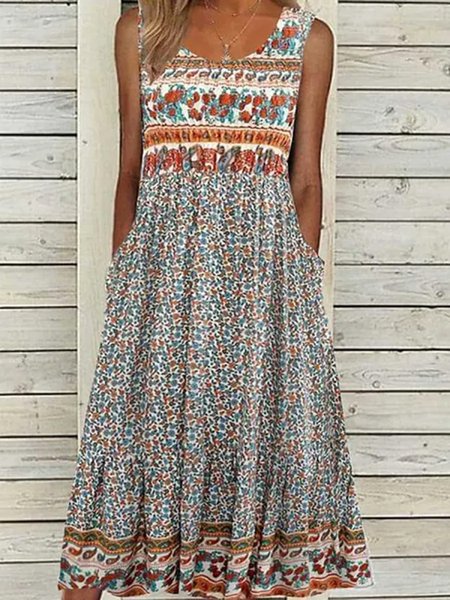 

Women Floral Crew Neck Sleeveless Comfy Casual Short Dress, Blue, Dresses