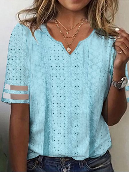 

Women's Short Sleeve Blouse Summer Light Blue Plain Mesh Jacquard Notched Neck Daily Going Out Simple Top, Shirts & Blouses
