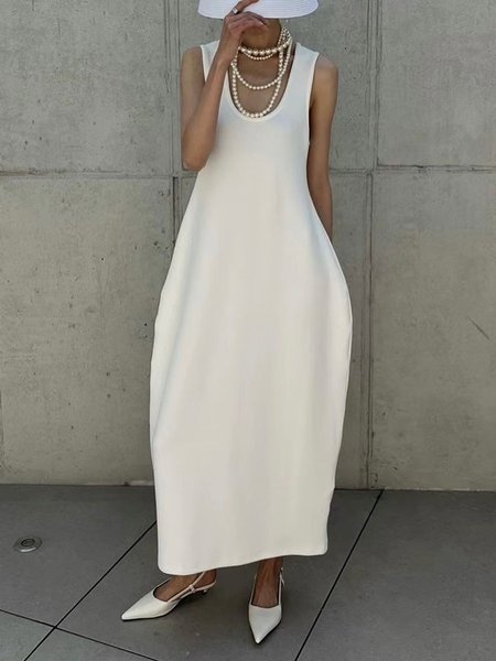 

Plain Casual Sleeveless Loosen Midi Dress, White, Midi Dresses