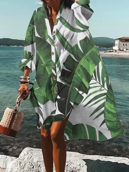 

Vacation Shirt Collar Tropical Dress, As picture, Mini Dresses