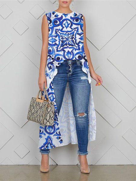 Crew Neck Random Print Casual Loosen Sleeveless Shirt, Blue, Blouses and Shirts