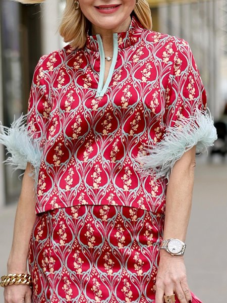 

Stand Collar Elegant Random Print Regular Fit Shirt, As picture, Blouses and Shirts