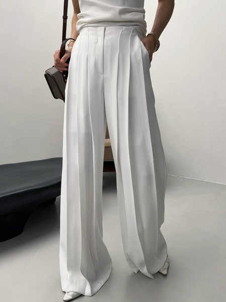 

Urban High Waist Fashion Pleated Wide Leg Pants, White, Pants
