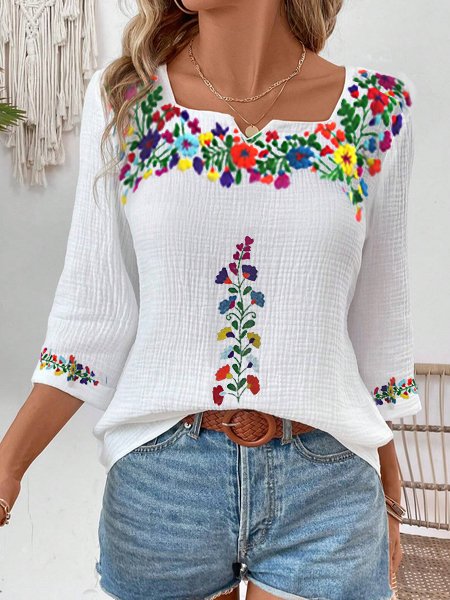 

Women's 3/4 Sleeve Blouse Shirt Spring/Fall White Floral Embroidery Cotton Notched Daily Casual Top, Shirts & Blouses