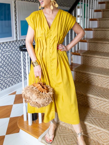 

Plain V Neck Regular Fit Urban Pockets Dress, Yellow, Midi Dresses