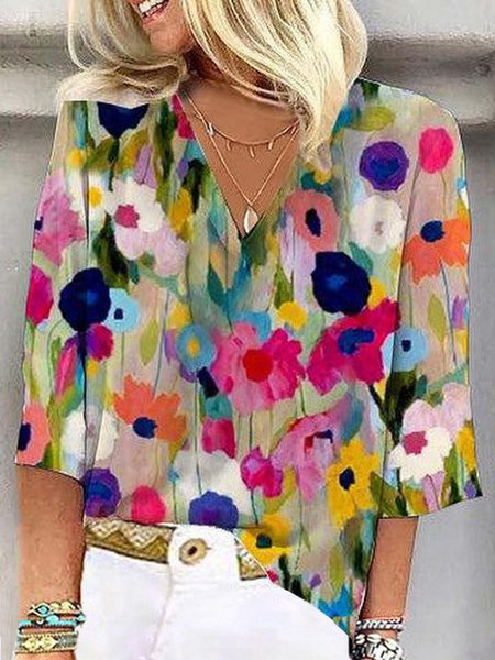 

V Neck Three Quarter Sleeve Floral Regular Loose Shirt For Women, Multicolor, Blouses