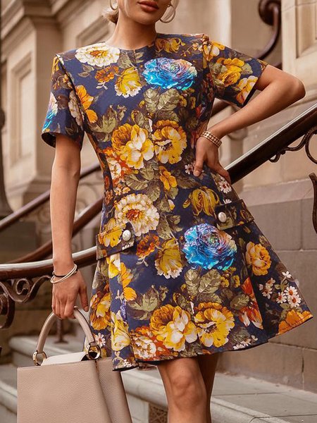 

Floral Elegant Regular Fit Crew Neck Short Sleeve Dress, As picture, Mini Dresses
