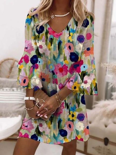 

Women Floral V Neck Three Quarter Sleeve Comfy Casual Short Dress, Multicolor, Dresses
